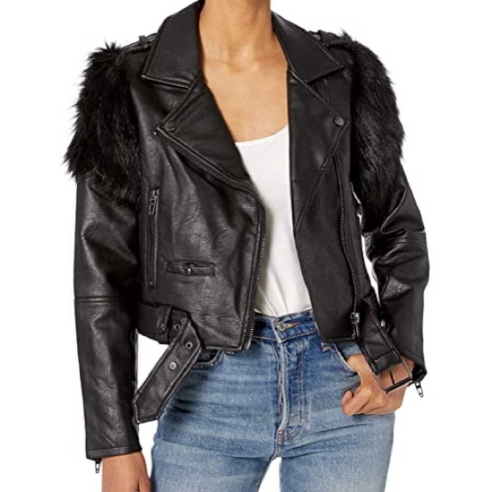 BLANKNYC Vegan Leather Moto Jacket Fur Sleeves